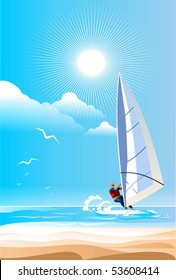 Driving on a water board under a sail.