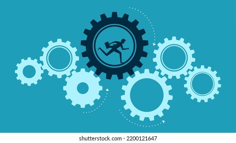 Driving the organization. Businessman running with effort on gear cogs