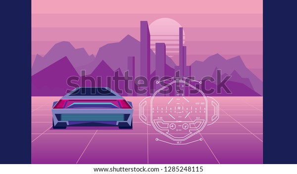 Driving Outdoor\
Machine Vision system concept, computer simulation of real world or\
cyberspace. Rear view car with holographic HUD and earth surface\
relief on the background.\
Vector