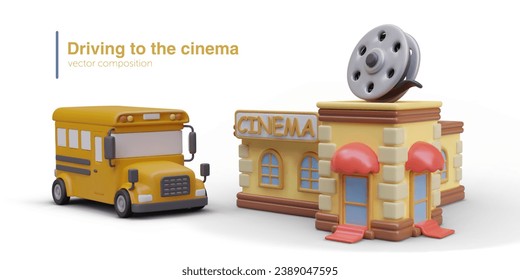 Driving passengers to cinema. Yellow vector bus, building with text sign. Elements for entertainment business advertising. City tours, tourist service