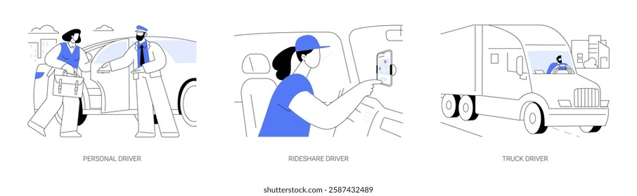 Driving professions isolated cartoon vector illustrations set. Professional personal driver, business class car, rideshare worker check order with app, driving truck, transportation vector cartoon.