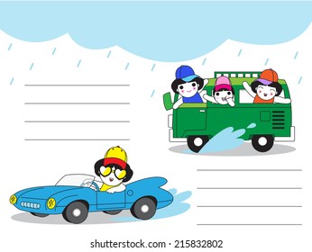 Driving in The Rain paper note illustration set