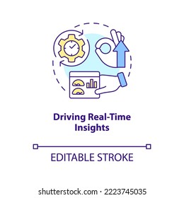 Driving real-time insights concept icon. Monitor business data. Provide innovation abstract idea thin line illustration. Isolated outline drawing. Editable stroke. Arial, Myriad Pro-Bold fonts used