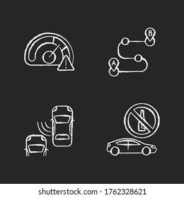 Driving risks chalk white icons set on black background. Traffic dangers and safety precautions. Speed limit, blind spot, route planning, and drunk driving. Isolated vector chalkboard illustrations