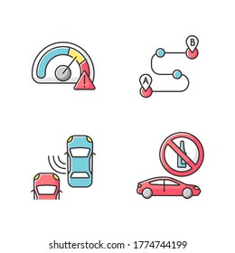 Driving risks RGB color icons set. Traffic dangers and safety precautions. Speed limit, blind spot, route planning, and drunk driving. Isolated vector illustrations