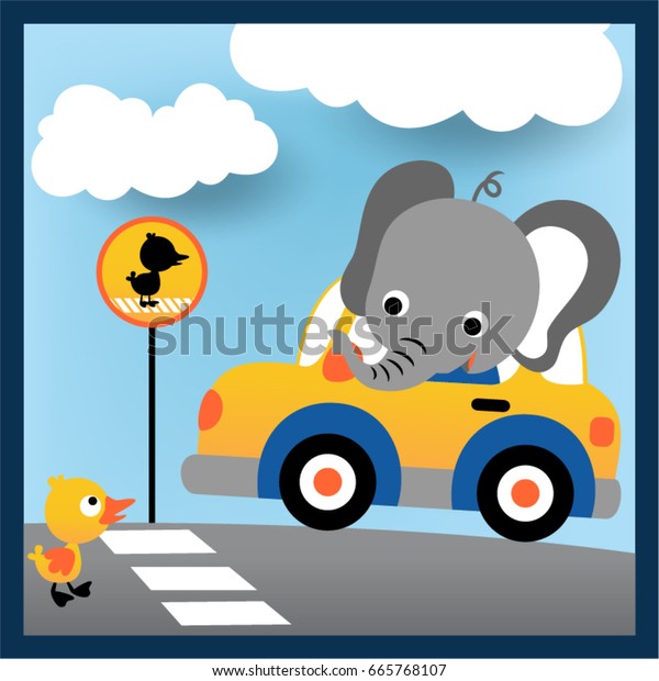 Driving in the road city with happy\
elephant and little duck, vector cartoon\
illustration