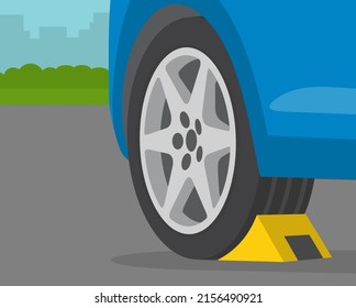 Driving rules and tips. Close-up view of wheel stopper or chocks. Flat vector illustration template. svg