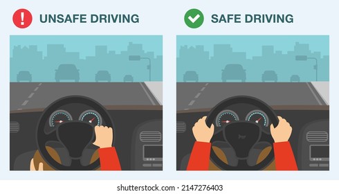 Reglas de conducción y consejos. Conducción segura e insegura. Posición de la mano incorrecta para sujetar el volante de la dirección. Plantilla de ilustración vectorial plana.