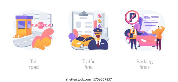 Driving Rules Violation Abstract Concept Vector Illustration Set. Toll Road, Traffic And Parking Fine, Tollway Fee, Speeding Ticket, No Parking Zone, Penalty Notice, Pass Card Abstract Metaphor.