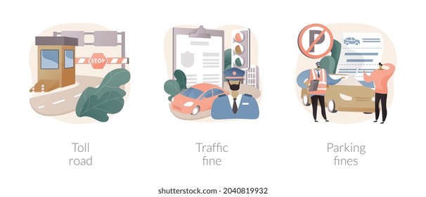 Driving Rules Violation Abstract Concept Vector Illustration Set. Toll Road, Traffic And Parking Fine, Tollway Fee, Speeding Ticket, No Parking Zone, Penalty Notice, Pass Card Abstract Metaphor.