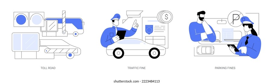 Reglas de conducción violan el conjunto de ilustraciones vectoriales de concepto abstracto. Carretera de peaje, tráfico y estacionamiento fino, peaje, pasaje de velocidad, no zona de estacionamiento, aviso de penalización, pasaje con tarjeta metáfora abstracta.