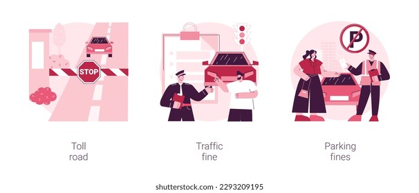 Driving rules violation abstract concept vector illustration set. Toll road, traffic and parking fine, tollway fee, speeding ticket, no parking zone, penalty notice, pass card abstract metaphor.