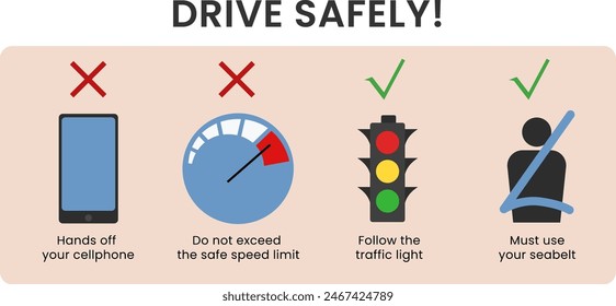 driving safely rules information vector illustration, save drive tips to avoid an accident, land transportation