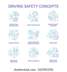 Driving safety blue gradient concept icons set. Speed limits while drive. Road signs and rules idea thin line color illustrations. Isolated symbols. Roboto-Medium, Myriad Pro-Bold fonts used
