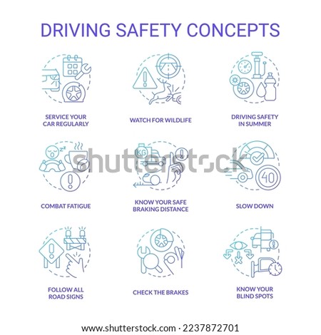 Driving safety blue gradient concept icons set. Speed limits while drive. Road signs and rules idea thin line color illustrations. Isolated symbols. Roboto-Medium, Myriad Pro-Bold fonts used
