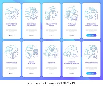Driving safety blue gradient onboarding mobile app screen set. Regulations walkthrough 5 steps graphic instructions with linear concepts. UI, UX, GUI template. Myriad Pro-Bold, Regular fonts used