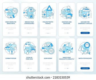 Driving safety blue onboarding mobile app screen set. Regulations walkthrough 5 steps editable graphic instructions with linear concepts. UI, UX, GUI template. Myriad Pro-Bold, Regular fonts used