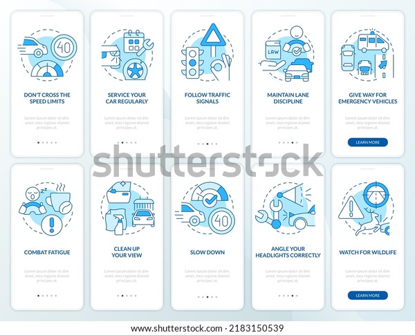 Driving safety blue onboarding mobile app screen\
set. Regulations walkthrough 5 steps editable graphic instructions\
with linear concepts. UI, UX, GUI template. Myriad Pro-Bold,\
Regular fonts used