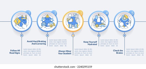 Driving safety for commercial drivers circle infographic template. Data visualization with 5 steps. Editable timeline info chart. Workflow layout with line icons. Lato-Bold, Regular fonts used