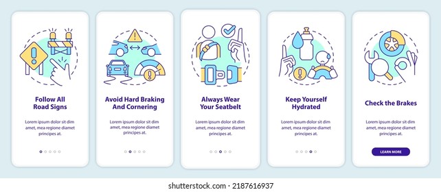 Seguridad de conducción para conductores comerciales a bordo de la pantalla de aplicaciones móviles. Recorrido 5 pasos instrucciones gráficas editables con conceptos lineales. UI, UX, plantilla GUI. Multitud de tipos de letra Pro-Bold, con uso regular