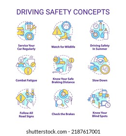 Driving safety concept icons set. Speed limits. Road signs and rules. idea thin line color illustrations. Isolated symbols. Editable stroke. Roboto-Medium, Myriad Pro-Bold fonts used