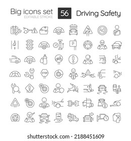 Driving safety linear icons set. Road rules and regulation. Accident prevention. Customizable thin line symbols. Isolated vector outline illustrations. Editable stroke. Quicksand-Light font used