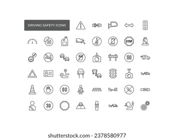 Driving safety linear icons set. Road rules and regulation. Accident prevention. Customizable thin line symbols. Isolated vector outline illustrations