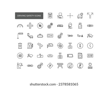 Driving safety linear icons set. Road rules and regulation. Accident prevention. Customizable thin line symbols. Isolated vector outline illustrations