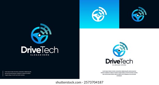 driving safety logo with steering wheel concept, modern technology style, innovation, vector graphic design.