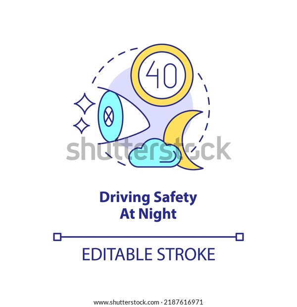 Driving safety at night concept icon. Move slowly.\
Situational driving safety abstract idea thin line illustration.\
Isolated outline drawing. Editable stroke. Arial, Myriad Pro-Bold\
fonts used