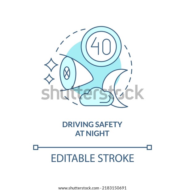 Driving safety at night turquoise concept icon.\
Situational driving safety abstract idea thin line illustration.\
Isolated outline drawing. Editable stroke. Arial, Myriad Pro-Bold\
fonts used