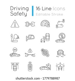 Driving Safety Pixel Perfect Linear Icons Set. Car Accident Prevention, Traffic Rules And Regulation Laws Customizable Thin Line Contour Symbols. Isolated Vector Outline Illustrations. Editable Stroke