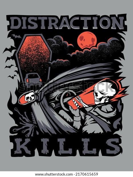 Driving safety poster. Skull drives car. Danger\
of distraction while\
driving