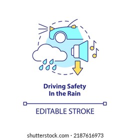 Driving safety in rain concept icon. Radio volume off. Situational driving safety abstract idea thin line illustration. Isolated outline drawing. Editable stroke. Arial, Myriad Pro-Bold fonts used