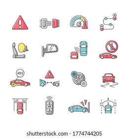 Driving Safety RGB Color Icons Set. Car Accident Prevention, Traffic Rules And Regulation Laws. Advice And Tips For Cautious Drivers. Isolated Vector Illustrations