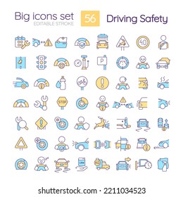 Seguridad de conducción: conjunto de iconos de color RGB. Normas de carreteras y regulación. Prevención de accidentes. Ilustraciones vectoriales aisladas. Colección de planos de línea simple rellena. Trazo editable. Tipo de letra rápido y ligero utilizado