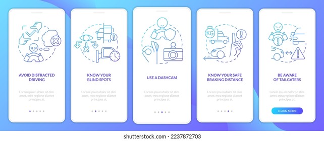 Reglas de seguridad de conducción para conductores comerciales pantalla de aplicación móvil con gradiente azul. Recorrido 5 pasos instrucciones con conceptos lineales. UI, UX, plantilla GUI. Multitud de tipos de letra Pro-Bold, con uso regular