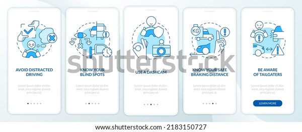 Driving safety rules for commercial drivers blue
onboarding mobile app screen. Walkthrough 5 steps editable
instructions with linear concepts. UI, UX, GUI template. Myriad
Pro-Bold, Regular fonts
used