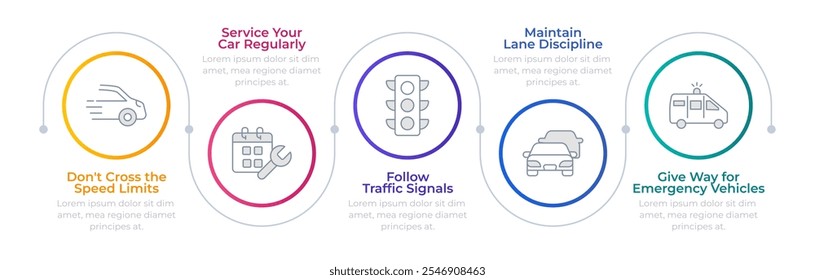 Círculos de infografía sobre las normas de seguridad de la conducción. Mantenimiento del coche, señales de tráfico. Límite de velocidad. Proceso de diagrama de iconos de línea delgada editable con 5 pasos