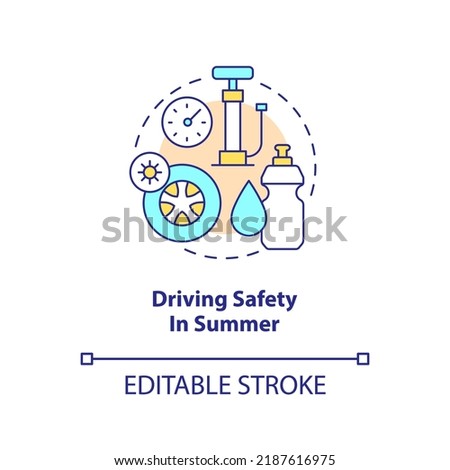Driving safety in summer concept icon. Check tires. Situational driving safety abstract idea thin line illustration. Isolated outline drawing. Editable stroke. Arial, Myriad Pro-Bold fonts used