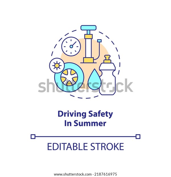 Driving safety in summer concept icon. Check tires.\
Situational driving safety abstract idea thin line illustration.\
Isolated outline drawing. Editable stroke. Arial, Myriad Pro-Bold\
fonts used
