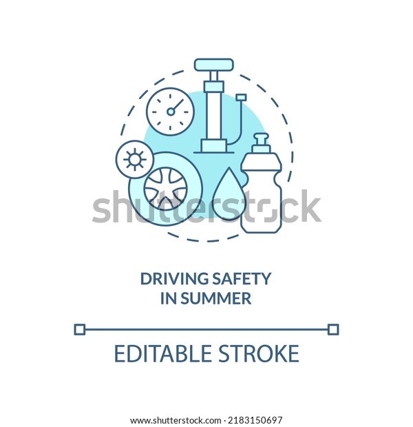 Driving safety in summer turquoise concept icon.\
Situational driving safety abstract idea thin line illustration.\
Isolated outline drawing. Editable stroke. Arial, Myriad Pro-Bold\
fonts used