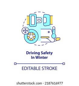 Driving safety in winter concept icon. Fasten seat belt. Situational driving safety abstract idea thin line illustration. Isolated outline drawing. Editable stroke. Arial, Myriad Pro-Bold fonts used