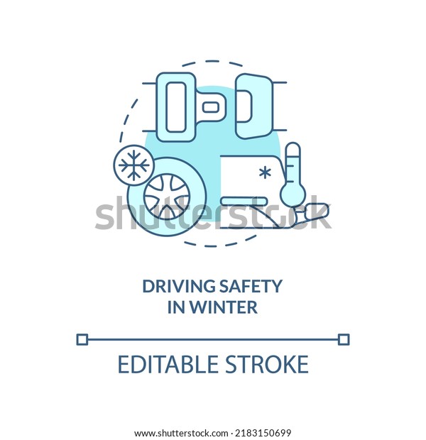 Driving safety in winter turquoise concept icon.\
Situational driving safety abstract idea thin line illustration.\
Isolated outline drawing. Editable stroke. Arial, Myriad Pro-Bold\
fonts used