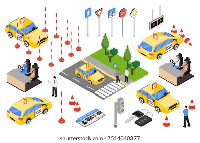 Escuela de conducción 3d isométrica mega set en Diseño gráfico de isometría. Elementos de colección del coche de entrenamiento, señal de tráfico, paso peatonal, semáforos, Licencia del conductor, llave, otros. Ilustración vectorial.