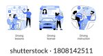 Driving school abstract concept vector illustration set. Driving lessons and instruction, driving license, passing test, ID card, international permit, exam preparation, certificate abstract metaphor.