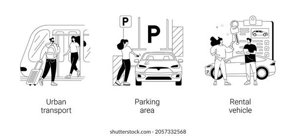 Driving school abstract concept vector illustration set. Driving lessons and instruction, driving license, passing test, ID card, international permit, exam preparation, certificate abstract metaphor.