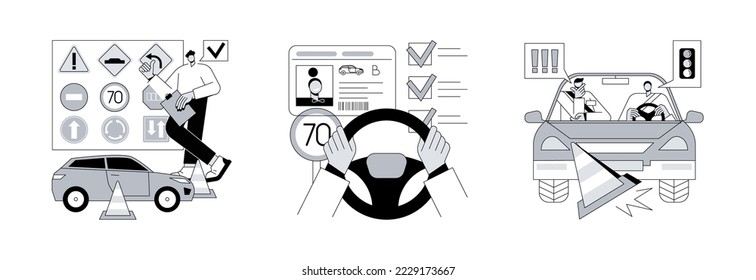 Driving school abstract concept vector illustration set. Driving lessons and instruction, driving license, passing test, ID card, international permit, exam preparation, certificate abstract metaphor.