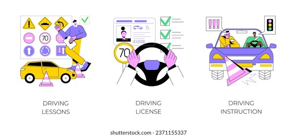 Driving school abstract concept vector illustration set. Driving lessons and instruction, driving license, passing test, ID card, international permit, exam preparation, certificate abstract metaphor.