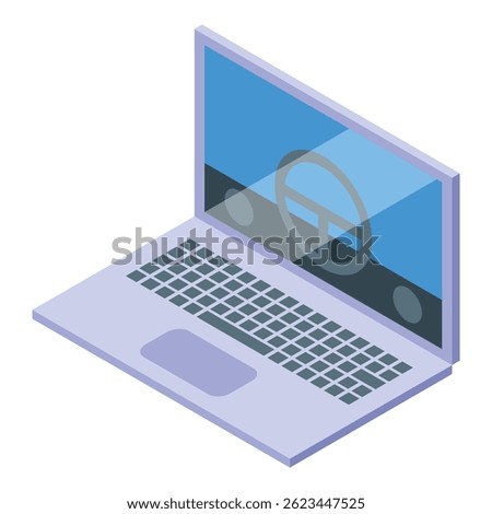 Driving school app showing steering wheel on laptop screen, driving lesson concept
